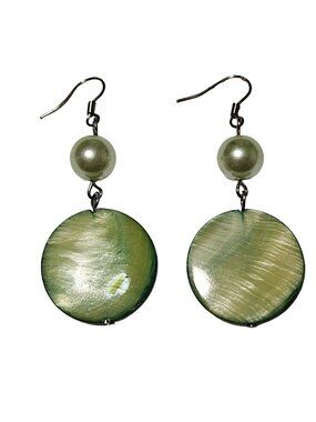 Green Shell Disc Faux Pearl Dangle Earrings Iridescent Boho Coastal Mermaidcore
